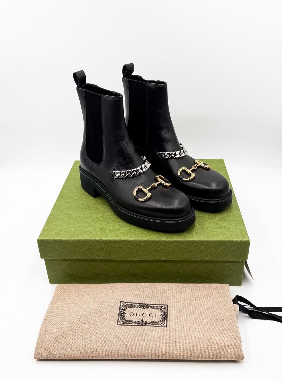 Gucci Deva Horsebit Chain Ankle Boots Combat Black Leather EU 41 US 11